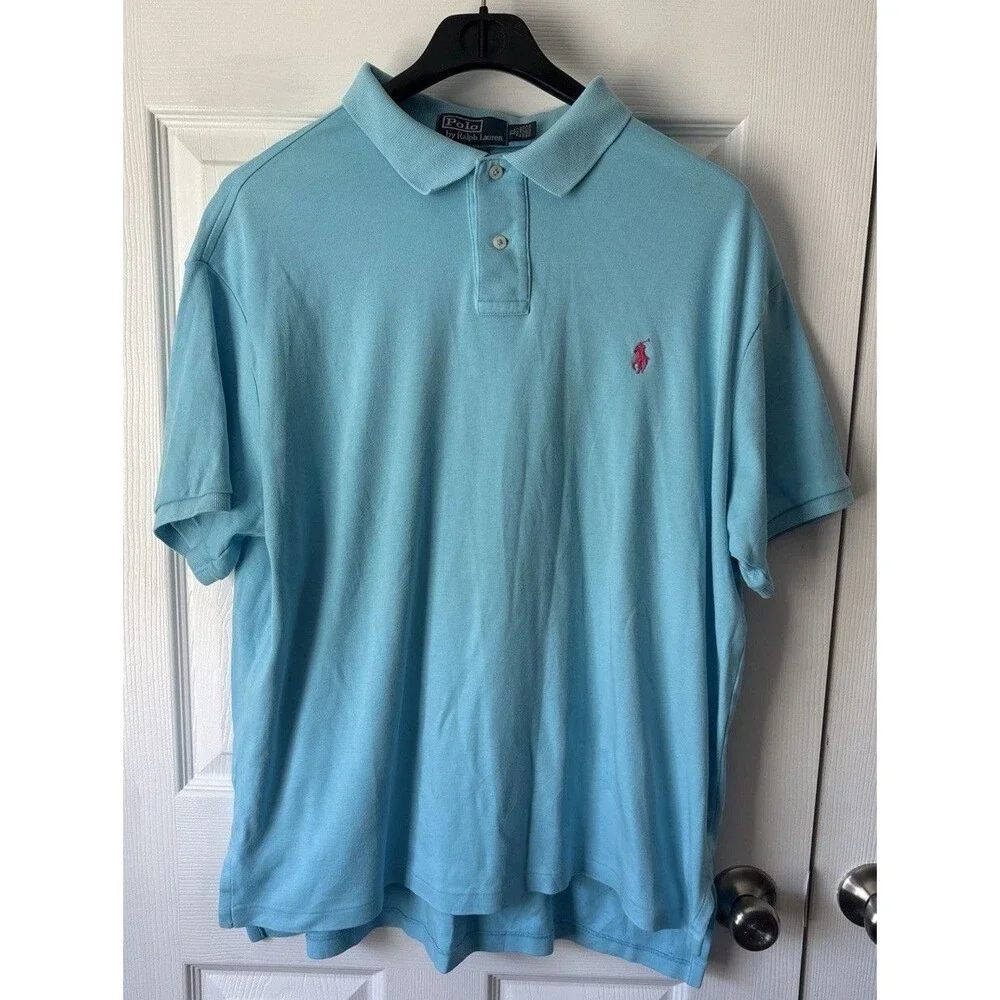 Polo Ralph Lauren Mens XL Aqua Blue Short Sleeve Cotton Polo Shirt Pink Pony